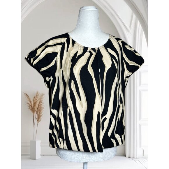 Express Zebra Print Short Sleeve top Jacket L Black Beige Lightweight Womens - Picture 2 of 8